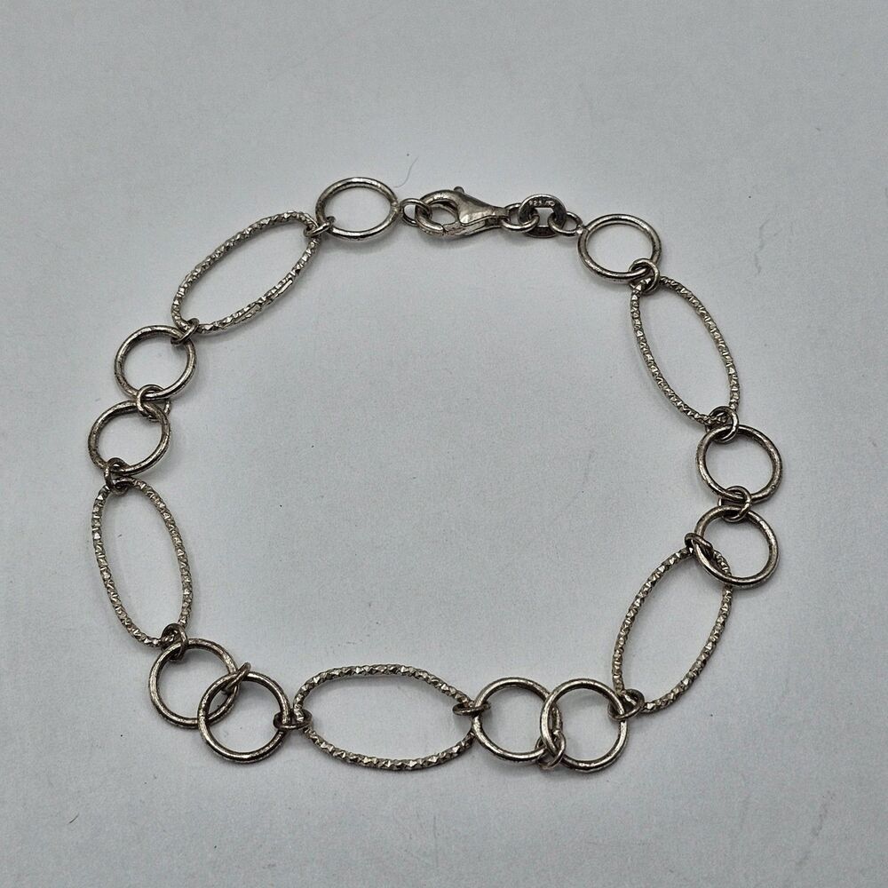 Vintage Solid 925 Sterling Silver Fancy Diamond Cut Large Oval Link Bracelet 7"
